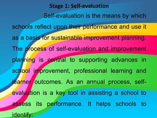 Stage 1: Self-evaluation
Self-evaluation is the means by which
schools reflect upon their performance and use it
as a basis for sustainable improvement planning.
The process of self-evaluation and improvement
planning is central to supporting advances in
school improvement, professional learning and
learner outcomes. As an annual process, self-
evaluation is a key tool in assisting a school to
assess its performance. It helps schools to
identify:
 