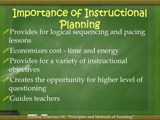 Importance of Instructional 
Planning 
Provides for logical sequencing and pacing 
lessons 
Economizes cost - time and energy 
Provides for a variety of instructional 
objectives 
Creates the opportunity for higher level of 
questioning 
Guides teachers 
Zulueta, Francisco M. “Principles and Methods of Teaching” 
 