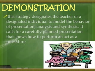DEMONSTRATION 
this strategy designates the teacher or a 
designated individual to model the behavior 
of presentation, analysis and synthesis. It 
calls for a carefully planned presentation 
that shows how to perform an act as a 
procedure. 
 