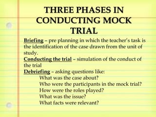 THREE PHASES IN 
CONDUCTING MOCK 
TRIAL 
Briefing – pre planning in which the teacher’s task is 
the identification of the case drawn from the unit of 
study. 
Conducting the trial – simulation of the conduct of 
the trial 
Debriefing – asking questions like: 
What was the case about? 
Who were the participants in the mock trial? 
How were the roles played? 
What was the issue? 
What facts were relevant? 
 
