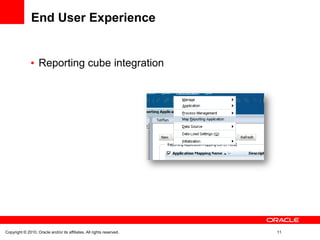 End User Experience


                   Reporting cube integration




Copyright © 2010, Oracle and/or its affiliates. All rights reserved.   11
 