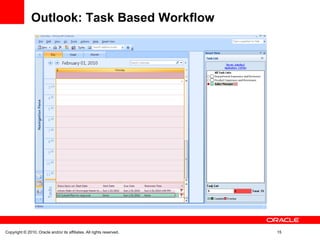 Outlook: Task Based Workflow




Copyright © 2010, Oracle and/or its affiliates. All rights reserved.   15
 