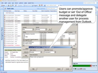 Users can promote/approve
budget or set ‘Out of Office’
message and delegate
another user for process
management from Outlook.
 