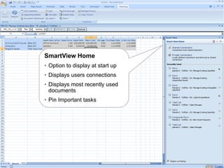 SmartView Home
                                  • Option to display at start up
                                  • Displays users connections
                                  • Displays most recently used
                                    documents
                                  • Pin Important tasks




Copyright © 2010, Oracle and/or its affiliates. All rights reserved.   27
 