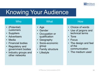 © PRecious Communications 2015
Knowing Your Audience
Who
• (Potential)
customers
• Suppliers
• Advertisers
• Media
• Finan...