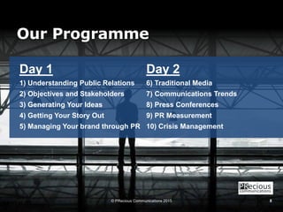 Day 1
1) Understanding Public Relations
2) Objectives and Stakeholders
3) Generating Your Ideas
4) Getting Your Story Out
...