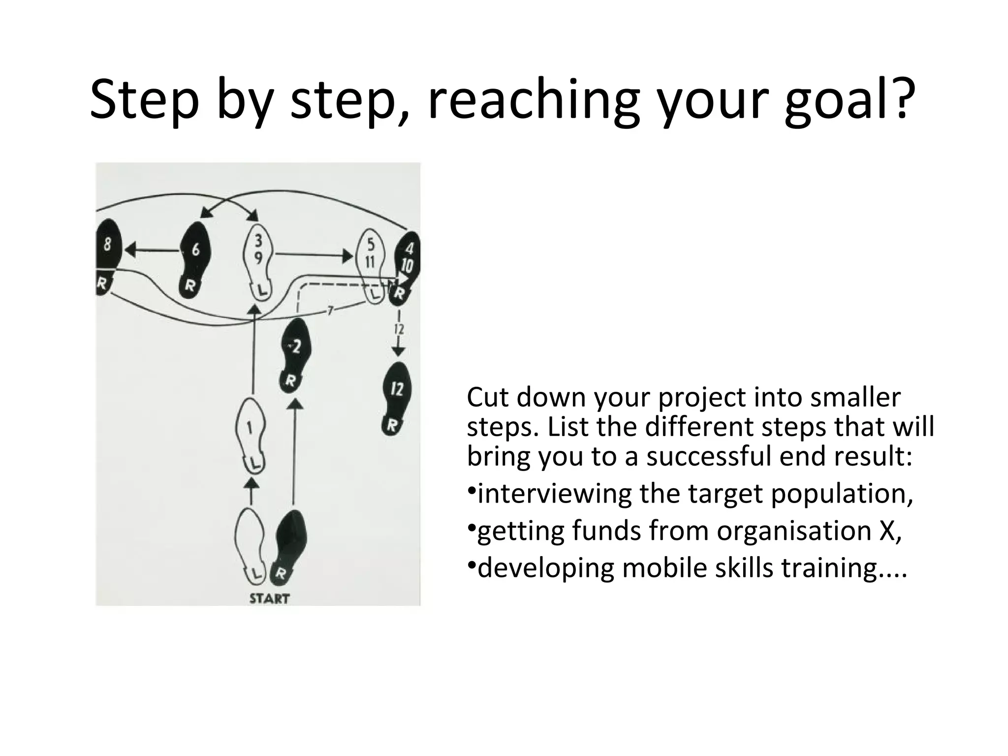 Step by step, reaching your goal?



               Cut down your project into smaller
               steps. List the different steps that will
               bring you to a successful end result:
               •interviewing the target population,
               •getting funds from organisation X,
               •developing mobile skills training....
 