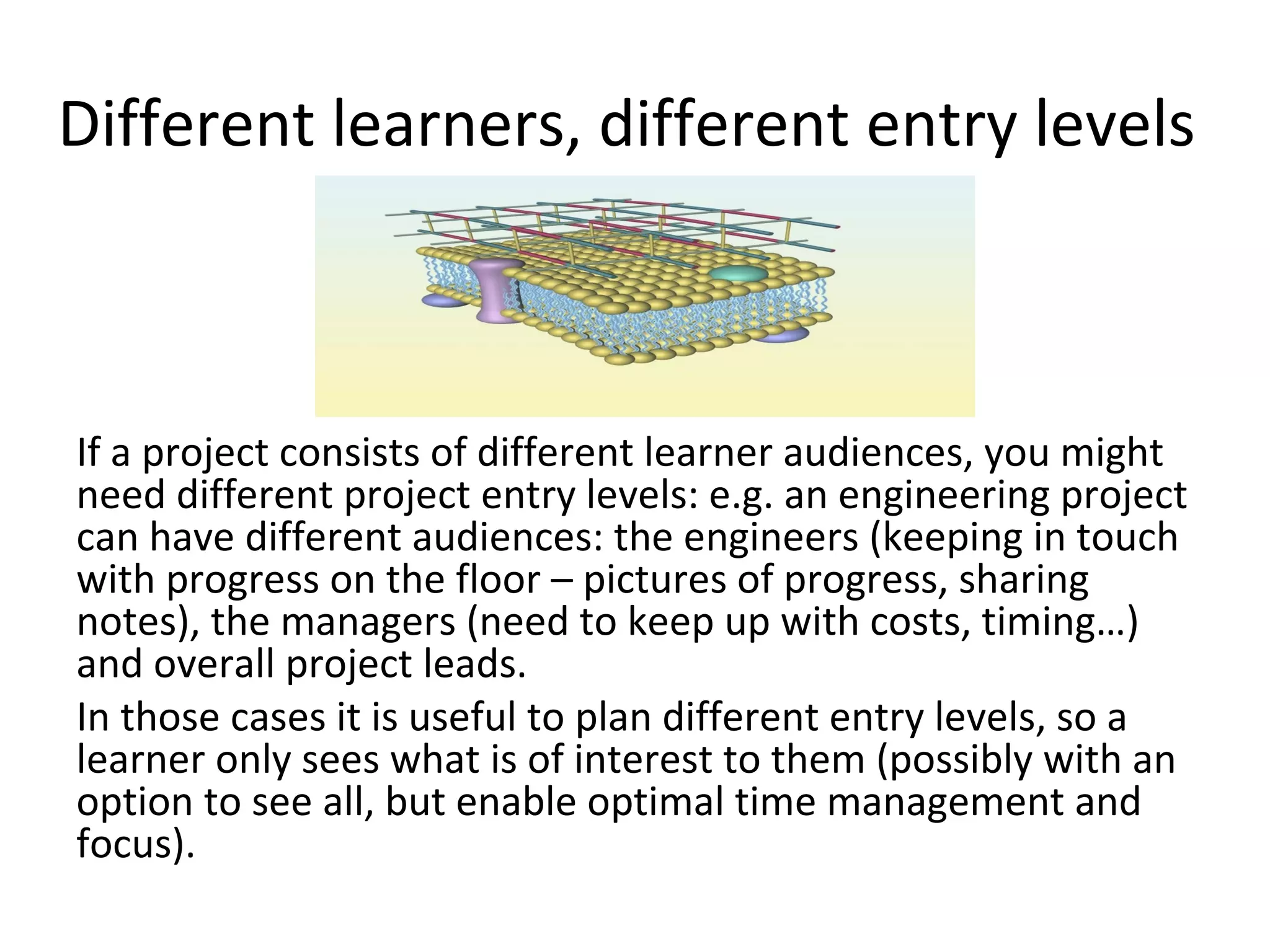 Different learners, different entry levels



If a project consists of different learner audiences, you might
need different project entry levels: e.g. an engineering project
can have different audiences: the engineers (keeping in touch
with progress on the floor – pictures of progress, sharing
notes), the managers (need to keep up with costs, timing…)
and overall project leads.
In those cases it is useful to plan different entry levels, so a
learner only sees what is of interest to them (possibly with an
option to see all, but enable optimal time management and
focus).
 