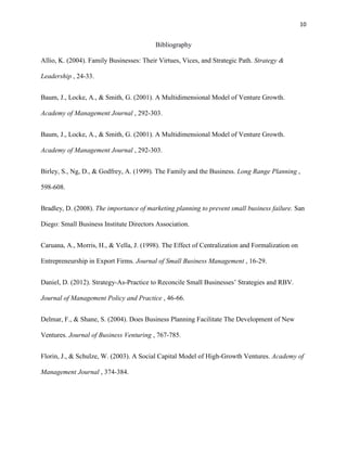 10 
Bibliography 
Allio, K. (2004). Family Businesses: Their Virtues, Vices, and Strategic Path. Strategy & 
Leadership , 24-33. 
Baum, J., Locke, A., & Smith, G. (2001). A Multidimensional Model of Venture Growth. 
Academy of Management Journal , 292-303. 
Baum, J., Locke, A., & Smith, G. (2001). A Multidimensional Model of Venture Growth. 
Academy of Management Journal , 292-303. 
Birley, S., Ng, D., & Godfrey, A. (1999). The Family and the Business. Long Range Planning , 
598-608. 
Bradley, D. (2008). The importance of marketing planning to prevent small business failure. San 
Diego: Small Business Institute Directors Association. 
Caruana, A., Morris, H., & Vella, J. (1998). The Effect of Centralization and Formalization on 
Entrepreneurship in Export Firms. Journal of Small Business Management , 16-29. 
Daniel, D. (2012). Strategy-As-Practice to Reconcile Small Businesses’ Strategies and RBV. 
Journal of Management Policy and Practice , 46-66. 
Delmar, F., & Shane, S. (2004). Does Business Planning Facilitate The Development of New 
Ventures. Journal of Business Venturing , 767-785. 
Florin, J., & Schulze, W. (2003). A Social Capital Model of High-Growth Ventures. Academy of 
Management Journal , 374-384. 
 