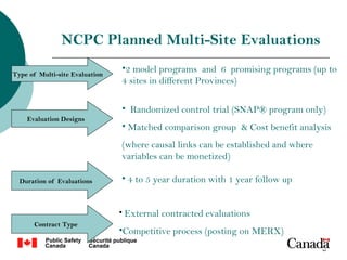 NCPC Planned Multi-Site Evaluations
                                •2 model programs and 6 promising programs (up to
Type of Multi-site Evaluation
                                4 sites in different Provinces)

                                • Randomized control trial (SNAP® program only)
    Evaluation Designs
                                • Matched comparison group & Cost benefit analysis
                                (where causal links can be established and where
                                variables can be monetized)

  Duration of Evaluations       • 4 to 5 year duration with 1 year follow up


                                • External contracted evaluations
      Contract Type
                                •Competitive process (posting on MERX)
                                                                                   8
 