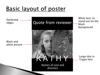 K A T H Y
Quote from reviewer
Names of cast and
directors
Black and
white picture
Darkened
edges
White text, to
stand out on the
black
background
Large title in
Trajan font
 