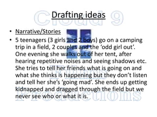 Drafting ideas
• Narrative/Stories
• 5 teenagers (3 girls and 2 boys) go on a camping
  trip in a field, 2 couples and the ‘odd girl out’.
  One evening she walks out of her tent, after
  hearing repetitive noises and seeing shadows etc.
  She tries to tell her friends what is going on and
  what she thinks is happening but they don’t listen
  and tell her she’s ‘going mad’. She ends up getting
  kidnapped and dragged through the field but we
  never see who or what it is.
 