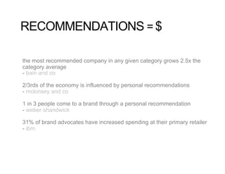 RECOMMENDATIONS = $

the most recommended company in any given category grows 2.5x the
category average
- bain and co

2/3rds of the economy is influenced by personal recommendations
- mckinsey and co

1 in 3 people come to a brand through a personal recommendation
- weber shandwick

31% of brand advocates have increased spending at their primary retailer
- ibm
 