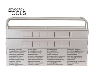 ADVOCACY
TOOLS




authentic advocacy          brand space              branded utility            mobilizing tweeters
engaged corporate citizen   branded community        branded blogs              incentivizing p2p sharing
tribal communications       branded bootcamp         blogger outreach           branded social groups
sponsored brand fests       empathy space            avatar branding            branded skins
organized fan events        product customization    branded online community   alternate reality game
innovation center           co-created products      branded virtual world      user rating & reviews
branded contact cards       open source products     mobile concierge service   flickrtising
customer service            sampling/seeding         webisodes/podcasts         branded social networking
perkonomics                 internal communication   recruiting 1%ers           brand journalism
content aggregators         creative contest         consumer communities       widgets
 