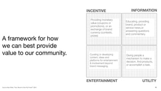 INCENTIVE                          INFORMATION

                                                         Providing monetary
                                                                                       Educating, providing
                                                         value (coupons or
                                                                                       brand, product or
                                                         promotions), or an
                                                                                       service news,or
                                                         exchange of brand
                                                                                       answering questions
                                                         currency (contests,
                                                                                       and commentary.
                                                         prizes)
A framework for how
we can best provide
value to our community.                                  Curating or developing        Giving people a
                                                         content, ideas and            mechanism to make a
                                                         platforms for entertainment
                                                                                       decision, ﬁnd products,
                                                         & involvement beyond
                                                         brand messaging.
                                                                                       or accomplish a task.




                                                        ENTERTAINMENT                                UTILITY
Source: Alan Wolk, “Your Brand Is Not My Friend” 2010                                                            19
 