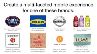 Create a multi-faceted mobile experience
        for one of these brands.


How do we help make beer      How do we enhance         How do we deliver       How do we raise awareness
     more like wine?          Christmas shopping?         urban utility?            among athletes?




  How do we make the          How do we make day-      How do we enhance             How do we enable
experience of yoga better?   to-day shopping better?   people’s active lives?    involvement in the cause?   35
 