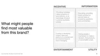 INCENTIVE                          INFORMATION

                                                         Providing monetary
                                                                                       Educating, providing
                                                         value (coupons or
                                                                                       brand, product or
                                                         promotions), or an
                                                                                       service news,or
                                                         exchange of brand
                                                                                       answering questions
                                                         currency (contests,
                                                                                       and commentary.
                                                         prizes)
What might people
ﬁnd most valuable
from this brand?                                         Curating or developing        Giving people a
                                                         content, ideas and            mechanism to make a
                                                         platforms for entertainment
                                                                                       decision, ﬁnd products,
                                                         & involvement beyond
                                                         brand messaging.
                                                                                       or accomplish a task.




                                                        ENTERTAINMENT                                UTILITY
Source: Alan Wolk, “Your Brand Is Not My Friend” 2010                                                            39
 