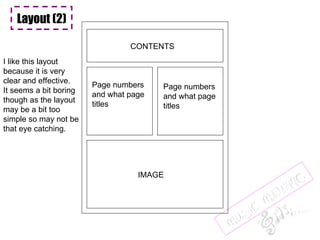 Layout (2) CONTENTS IMAGE Page numbers and what page titles Page numbers and what page titles I like this layout because it is very clear and effective. It seems a bit boring though as the layout may be a bit too  simple so may not be that eye catching. 