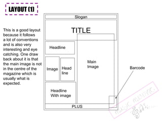LAYOUT (1) TITLE Slogan Main Image Barcode Headline With image Image Headline Head line PLUS LAYOUT (1) This is a good layout because it follows a lot of conventions and is also very interesting and eye catching. One draw back about it is that  the main image is not in the centre of the magazine which is usually what is expected. 