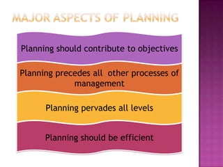 Planning should contribute to objectives

Planning precedes all other processes of
             management

      Planning...