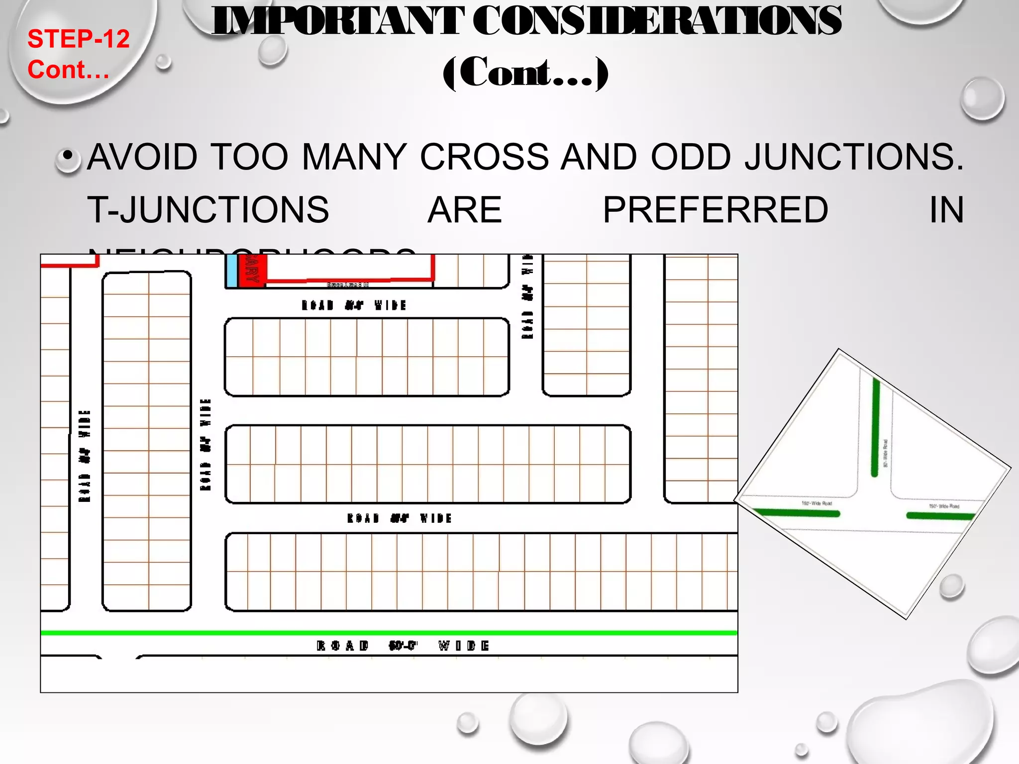 IMPORTANT CONSIDERATIONS 
(Cont…) 
STEP-12 
Cont… 
• AVOID TOO MANY CROSS AND ODD JUNCTIONS. 
T-JUNCTIONS ARE PREFERRED IN 
NEIGHBORHOODS 
 