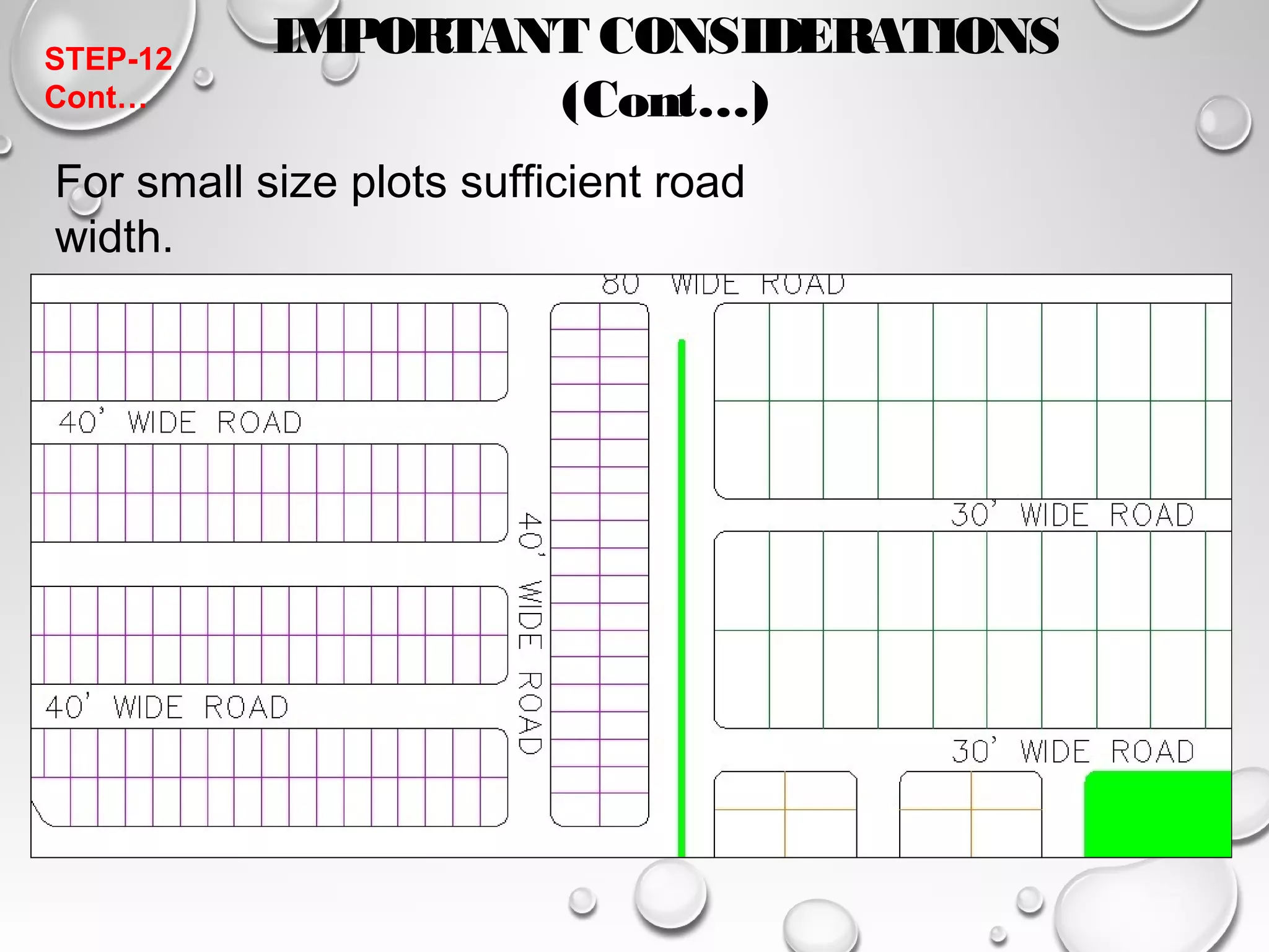 IMPORTANT CONSIDERATIONS 
(Cont…) 
STEP-12 
Cont… 
For small size plots sufficient road 
width. 
 