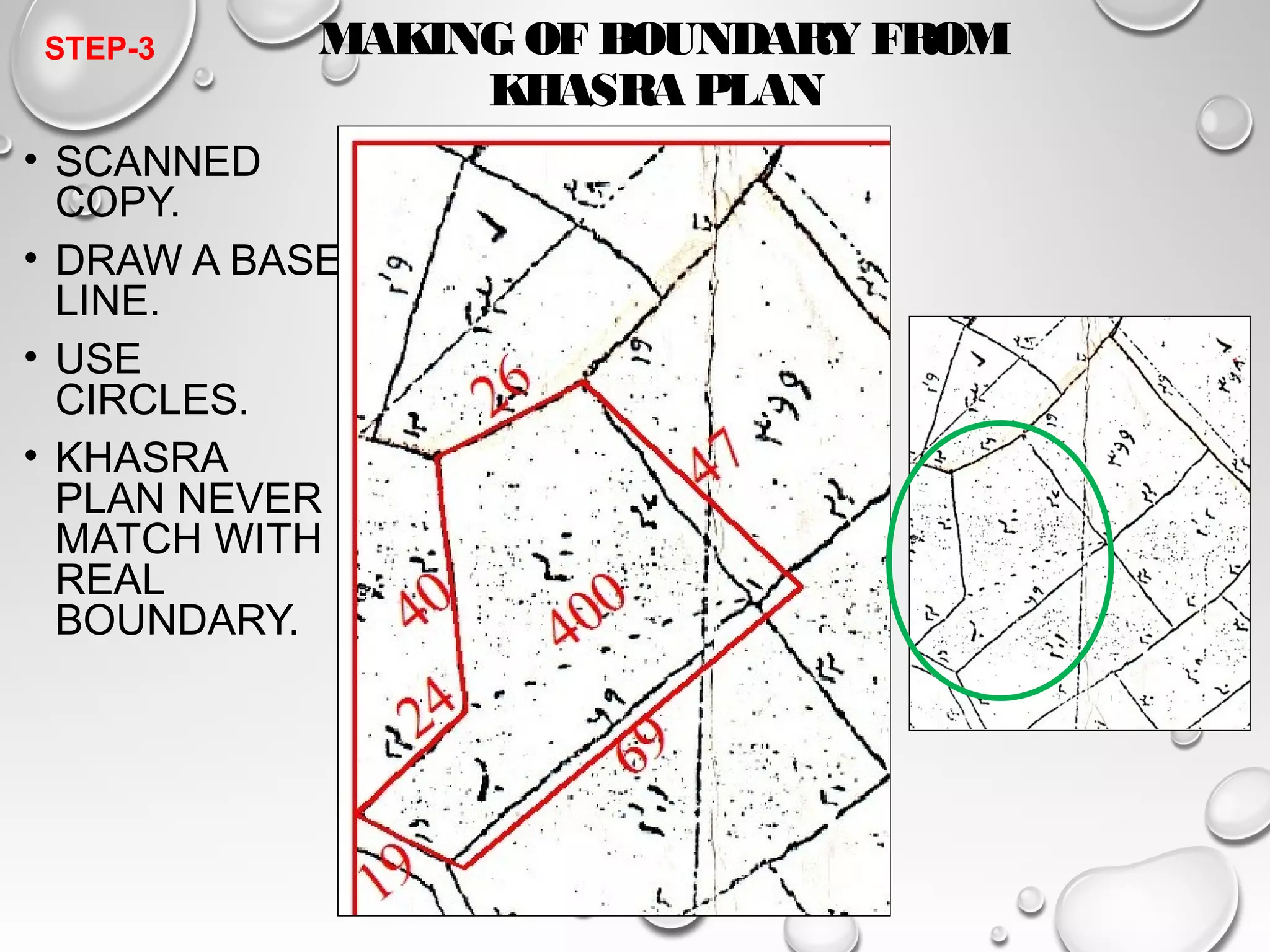 MAKING OF BOUNDARY FROM 
KHASRA PLAN 
STEP-3 
• SCANNED 
COPY. 
• DRAW A BASE 
LINE. 
• USE 
CIRCLES. 
• KHASRA 
PLAN NEVER 
MATCH WITH 
REAL 
BOUNDARY. 
 
