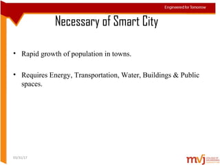 Necessary of Smart City
• Rapid growth of population in towns.
• Requires Energy, Transportation, Water, Buildings & Public
spaces.
03/31/17
 