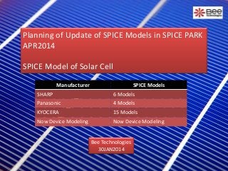 Planning of Update of SPICE Models in SPICE PARK
APR2014
SPICE Model of Solar Cell
Manufacturer

SPICE Models

SHARP

6 Models

Panasonic

4 Models

KYOCERA

15 Models

Now Device Modeling

Now Device Modeling

Bee Technologies
30JAN2014

 