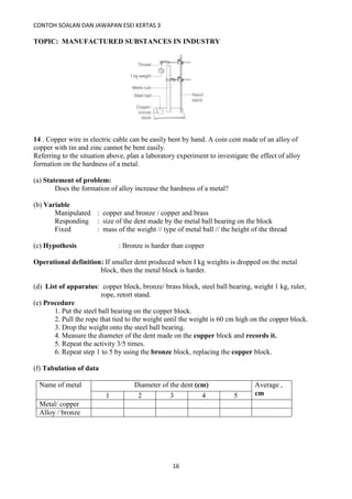 CONTOH SOALAN DAN JAWAPAN ESEI KERTAS 3
16
TOPIC: MANUFACTURED SUBSTANCES IN INDUSTRY
14 . Copper wire in electric cable can be easily bent by hand. A coin cent made of an alloy of
copper with tin and zinc cannot be bent easily.
Referring to the situation above, plan a laboratory experiment to investigate the effect of alloy
formation on the hardness of a metal.
(a) Statement of problem:
Does the formation of alloy increase the hardness of a metal?
(b) Variable
Manipulated : copper and bronze / copper and brass
Responding : size of the dent made by the metal ball bearing on the block
Fixed : mass of the weight // type of metal ball // the height of the thread
(c) Hypothesis : Bronze is harder than copper
Operational definition: If smaller dent produced when I kg weights is dropped on the metal
block, then the metal block is harder.
(d) List of apparatus: copper block, bronze/ brass block, steel ball bearing, weight 1 kg, ruler,
rope, retort stand.
(e) Procedure
1. Put the steel ball bearing on the copper block.
2. Pull the rope that tied to the weight until the weight is 60 cm high on the copper block.
3. Drop the weight onto the steel ball bearing.
4. Measure the diameter of the dent made on the copper block and records it.
5. Repeat the activity 3/5 times.
6. Repeat step 1 to 5 by using the bronze block, replacing the copper block.
(f) Tabulation of data
Name of metal Diameter of the dent (cm) Average ,
cm1 2 3 4 5
Metal/ copper
Alloy / bronze
 