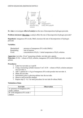 CONTOH SOALAN DAN JAWAPAN ESEI KERTAS 3
23
21. Aim: to investigate effect of catalyst on the rate of decomposition hydrogen peroxide.
Problem statement: How does a catalyst affect the rate of decomposition hydrogen peroxide?
Hypothesis: manganese (IV) oxide, MnO2 increases the rate of decomposition of hydrogen
peroxide
Variables:
Manipulated : presence of manganese (IV) oxide (MnO2)
Responding : rate of reaction
Fixed : concentration of H2O2 // initial temperature of H2O2 solution.
Apparatus: test tube, 10 cm3
measuring cylinder, test tube rack, spatula.
Materials: (5-10) – volume of H2O2 solution, manganese (IV) oxide (MnO2) powder, wooden
splinter
Procedures:
1. Label two test tube as A and B
2. Using a measuring cylinder measure 5 cm3
of 20 – volume of H2O2 solution and pour
into test tube A.
3. Add ½ spatula (0.1-1.0 g) of manganese (IV) oxide powder into test tube A.
4. Shake the test tube.
5. Immediately place a glowing splinter into the test tube.
6. Observe and record the changes.
7. Repeat step (2 - 6) // he same procedure for test tube B without MnO2
Tabulation of data
Test tube Observation
A// presence of manganese (IV)
oxide// catalyst
B// with manganese (IV) oxide //
catalyst
 
