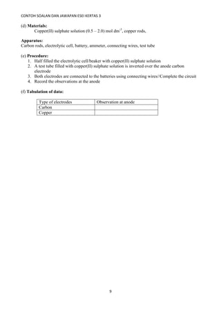CONTOH SOALAN DAN JAWAPAN ESEI KERTAS 3
9
(d) Materials:
Copper(II) sulphate solution (0.5 – 2.0) mol dm-3
, copper rods,
Apparatus:
Carbon rods, electrolytic cell, battery, ammeter, connecting wires, test tube
(e) Procedure:
1. Half filled the electrolytic cell/beaker with copper(II) sulphate solution
2. A test tube filled with copper(II) sulphate solution is inverted over the anode carbon
electrode
3. Both electrodes are connected to the batteries using connecting wires//Complete the circuit
4. Record the observations at the anode
(f) Tabulation of data:
Type of electrodes Observation at anode
Carbon
Copper
 