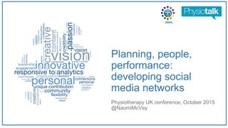 Planning, people,
performance:
developing social
media networks
Physiotherapy UK conference, October 2015
@NaomiMcVey
 