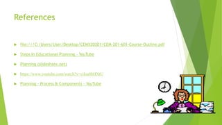 References
 file:///C:/Users/User/Desktop/CEM%20201/CEM-201-601-Course-Outline.pdf
 Steps In Educational Planning – YouTube
 Planning (slideshare.net)
 https://www.youtube.com/watch?v=ciIoa8bHXtU
 Planning - Process & Components - YouTube
 
