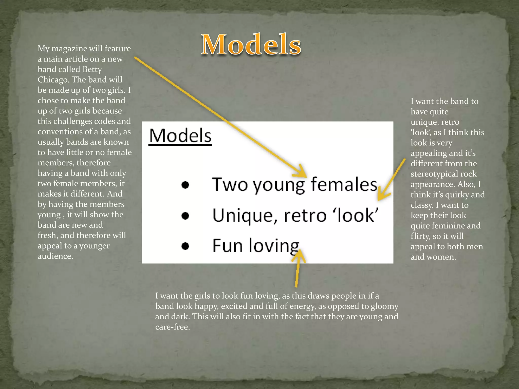 ModelsMy magazine will feature a main article on a new band called Betty Chicago. The band will be made up of two girls. I chose to make the band up of two girls because this challenges codes and conventions of a band, as usually bands are known to have little or no female members, therefore having a band with only two female members, it makes it different. And by having the members young , it will show the band are new and fresh, and therefore will appeal to a younger audience.I want the band to have quite unique, retro ‘look’, as I think this look is very appealing and it’s different from the stereotypical rock appearance. Also, I think it’s quirky and classy. I want to keep their look quite feminine and flirty, so it will appeal to both men and women.I want the girls to look fun loving, as this draws people in if a band look happy, excited and full of energy, as opposed to gloomy and dark. This will also fit in with the fact that they are young and care-free. 