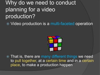 Why do we need to conduct
planning for a video
production?
 Video production is a multi-faceted operation
 That is, there are many different things we need
to pull together, at a certain time and in a certain
place, to make a production happen
 