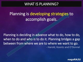 WHAT IS PLANNING?
nagaRAJU
Planning is developing strategies to
accomplish goals.
Planning is deciding in advance what to ...
