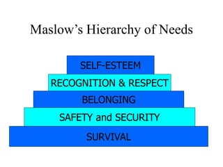 Maslow’s Hierarchy of Needs
SELF-ESTEEM
RECOGNITION & RESPECT
SAFETY and SECURITY
SURVIVAL
BELONGING
 