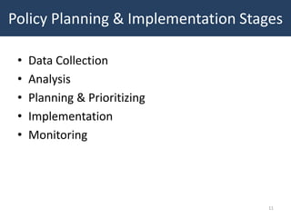 Policy Planning & Implementation Stages

 •   Data Collection
 •   Analysis
 •   Planning & Prioritizing
 •   Implementation
 •   Monitoring




                                    11
 