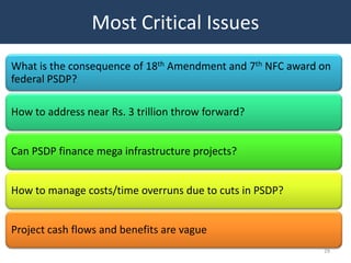 Most Critical Issues
What is the consequence of 18th Amendment and 7th NFC award on
federal PSDP?

How to address near Rs. 3 trillion throw forward?


Can PSDP finance mega infrastructure projects?


How to manage costs/time overruns due to cuts in PSDP?


Project cash flows and benefits are vague
                                                            29
 