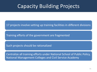 Capacity Building Projects


17 projects involve setting up training facilities in different divisions


Training efforts of the government are fragmented


Such projects should be rationalized

Centralize all training efforts under National School of Public Policy,
National Management Colleges and Civil Service Academy


                                                                        51
 
