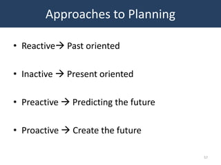Approaches to Planning

• Reactive Past oriented

• Inactive  Present oriented

• Preactive  Predicting the future

• Proactive  Create the future

                                      57
 