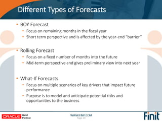 Different Types of Forecasts
• BOY Forecast
• Focus on remaining months in the fiscal year
• Short term perspective and is affected by the year-end “barrier”
• Rolling Forecast
• Focus on a fixed number of months into the future
• Mid-term perspective and gives preliminary view into next year
• What-If Forecasts
• Focus on multiple scenarios of key drivers that impact future
performance
• Purpose is to model and anticipate potential risks and
opportunities to the business
Page 20
 