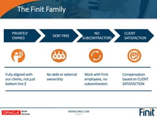 The Finit Family
Page 4
Fully aligned with
our clients, not just
bottom line $
No debt or external
ownership
Work with Finit
employees, no
subcontractors
Compensation
based on CLIENT
SATISFACTION
PRIVATELY
OWNED
CLIENT
SATISFACTION
NO
SUBCONTRACTORS
DEBT FREE
 