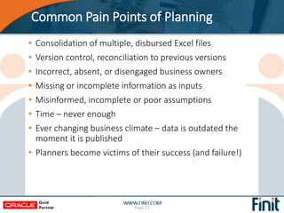 Common Pain Points of Planning
• Consolidation of multiple, disbursed Excel files
• Version control, reconciliation to pre...