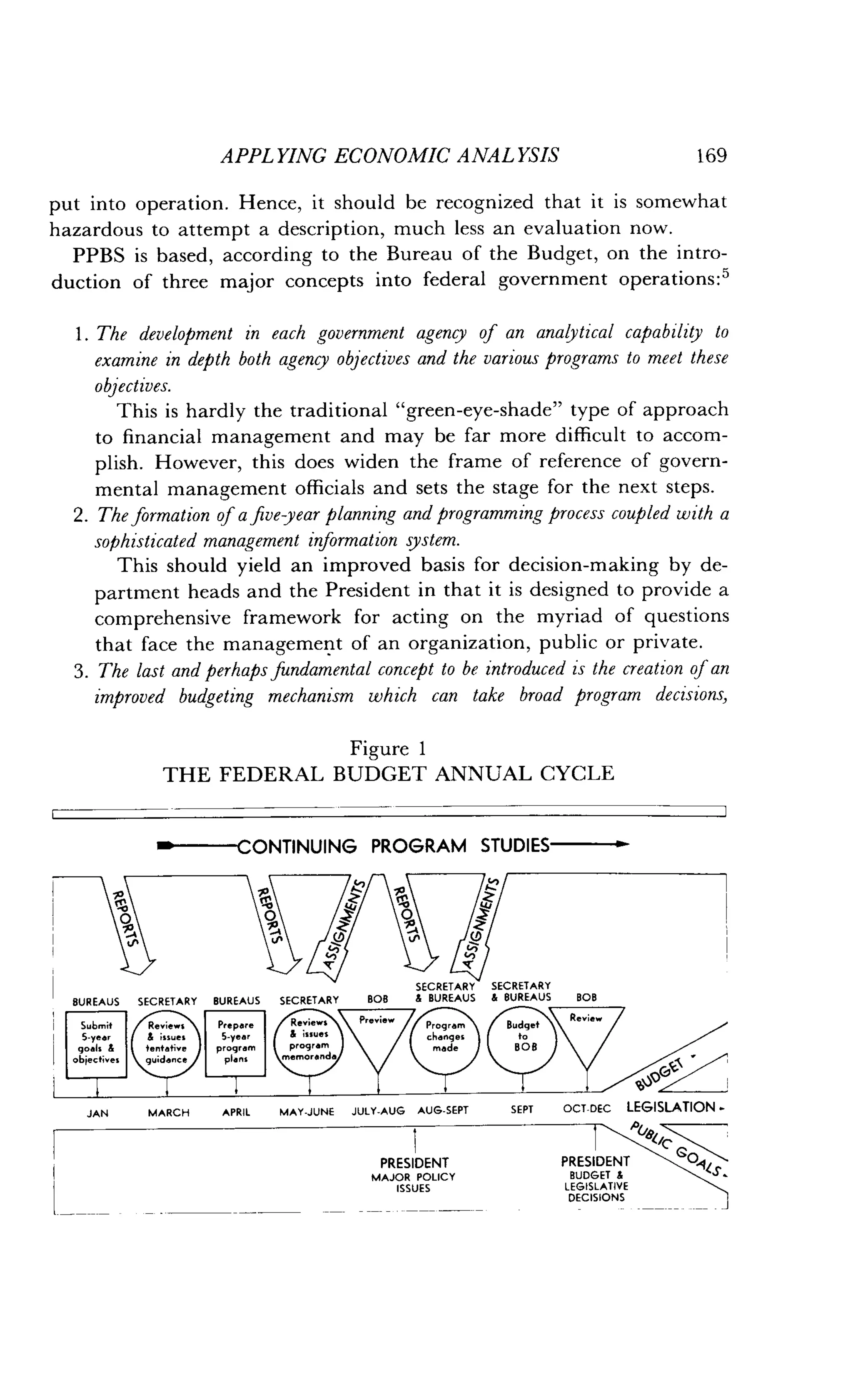 APPLYING ECONOMIC ANALYSIS
	
169
put into operation. Hence, it should be recognized that it is somewhat
hazardous to attempt a description, much less an evaluation now .
PPBS is based, according to the Bureau of the Budget, on the intro-
duction of three major concepts into federal government operations : 5
1 . The development in each government agency of an analytical capability to
examine in depth both agency objectives and the various programs to meet these
objectives .
This is hardly the traditional "green-eye-shade" type of approach
to financial management and may be far more difficult to accom-
plish. However, this does widen the frame of reference of govern-
mental management officials and sets the stage for the next steps .
2. The formation of a five year planning and programming process coupled with a
sophisticated management information system.
This should yield an improved basis for decision-making by de-
partment heads and the President in that it is designed to provide a
comprehensive framework for acting on the myriad of questions
that face the management of an organization, public or private .
3. The last and perhaps fundamental concept to be introduced is the creation of an
improved budgeting mechanism which can take broad program decisions,
Figure 1
THE FEDERAL BUDGET ANNUAL CYCLE
CONTINUING PROGRAM STUDIES
JAN MARCH APRIL MAY-JUNE JULY-AUG AUG-SEPT
I
PRESIDENT
MAJOR POLICY
ISSUES
SEPT OCT-DEC LEGISLATION .
P
PRESIDENT
BUDGET &
LEGISLATIVE
DECISIONS
.1
 