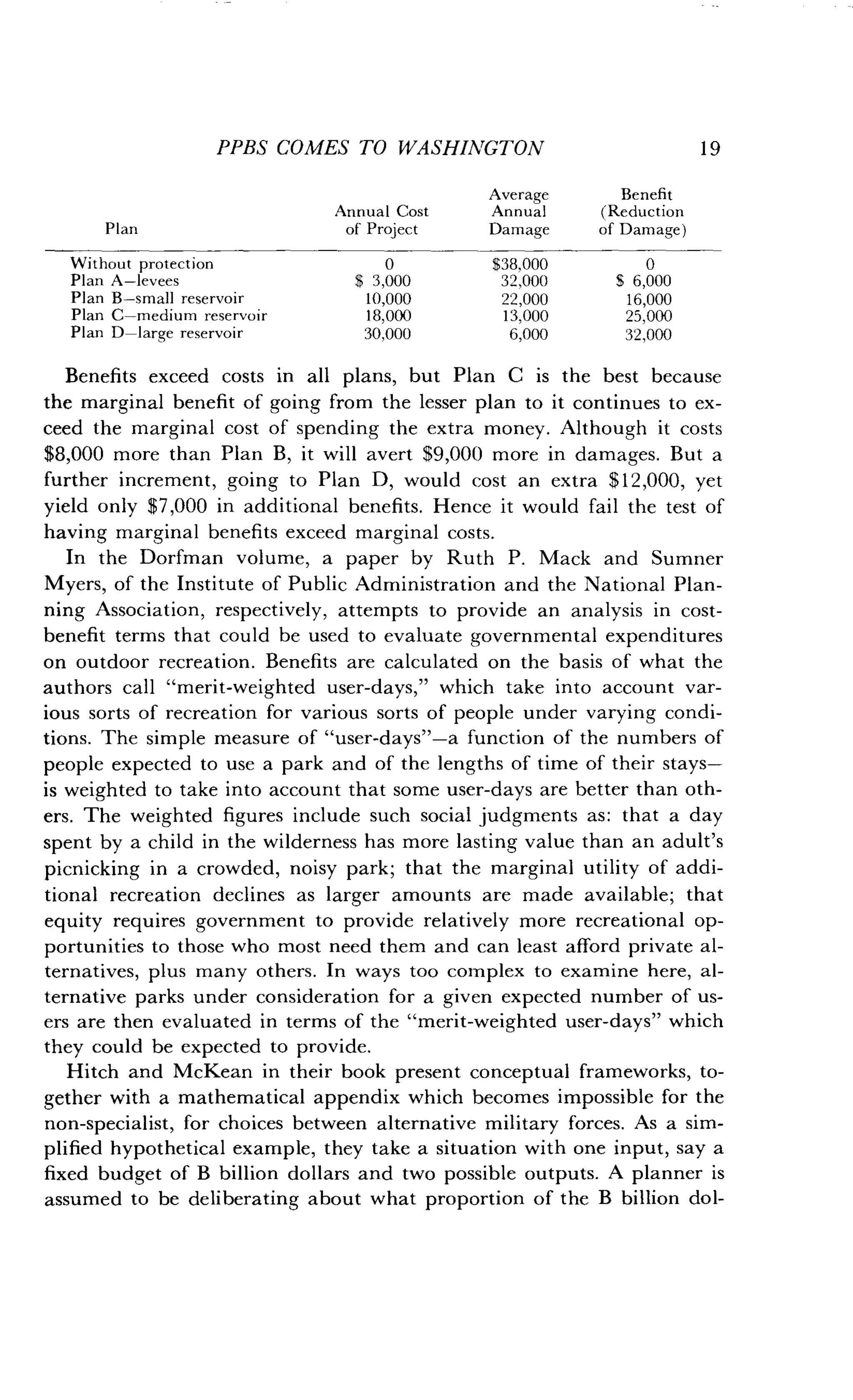 Benefits exceed costs in all plans, but Plan C is the best because
the marginal benefit of going from the lesser plan to it continues to ex-
ceed the marginal cost of spending the extra money . Although it costs
$8,000 more than Plan B, it will avert $9,000 more in damages . But a
further increment, going to Plan D, would cost an extra $12,000, yet
yield only $7,000 in additional benefits. Hence it would fail the test of
having marginal benefits exceed marginal costs .
In the Dorfman volume, a paper by Ruth P . Mack and Sumner
Myers, of the Institute of Public Administration and the National Plan-
ning Association, respectively, attempts to provide an analysis in cost-
benefit terms that could be used to evaluate governmental expenditures
on outdoor recreation. Benefits are calculated on the basis of what the
authors call "merit-weighted user-days," which take into account var-
ious sorts of recreation for various sorts of people under varying condi-
tions. The simple measure of "user-days"-a function of the numbers of
people expected to use a park and of the lengths of time of their stays-
is weighted to take into account that some user-days are better than oth-
ers. The weighted figures include such social judgments as: that a day
spent by a child in the wilderness has more lasting value than an adult's
picnicking in a crowded, noisy park; that the marginal utility of addi-
tional recreation declines as larger amounts are made available ; that
equity requires government to provide relatively more recreational op-
portunities to those who most need them and can least afford private al-
ternatives, plus many others . In ways too complex to examine here, al-
ternative parks under consideration for a given expected number of us-
ers are then evaluated in terms of the "merit-weighted user-days" which
they could be expected to provide.
Hitch and McKean in their book present conceptual frameworks, to-
gether with a mathematical appendix which becomes impossible for the
non-specialist, for choices between alternative military forces . As a sim-
plified hypothetical example, they take a situation with one input, say a
fixed budget of B billion dollars and two possible outputs . A planner is
assumed to be deliberating about what proportion of the B billion dol-
PPBS COMES TO WASHINGTON 19
Plan
Annual Cost
of Project
Average
Annual
Damage
Benefit
(Reduction
of Damage)
Without protection 0 $38,000 0
Plan A-levees $ 3,000 32,000 S 6,000
Plan B-small reservoir 10,000 22,000 16,000
Plan C-medium reservoir 18,000 13,000 25,000
Plan D-large reservoir 30,000 6,000 32,000
 