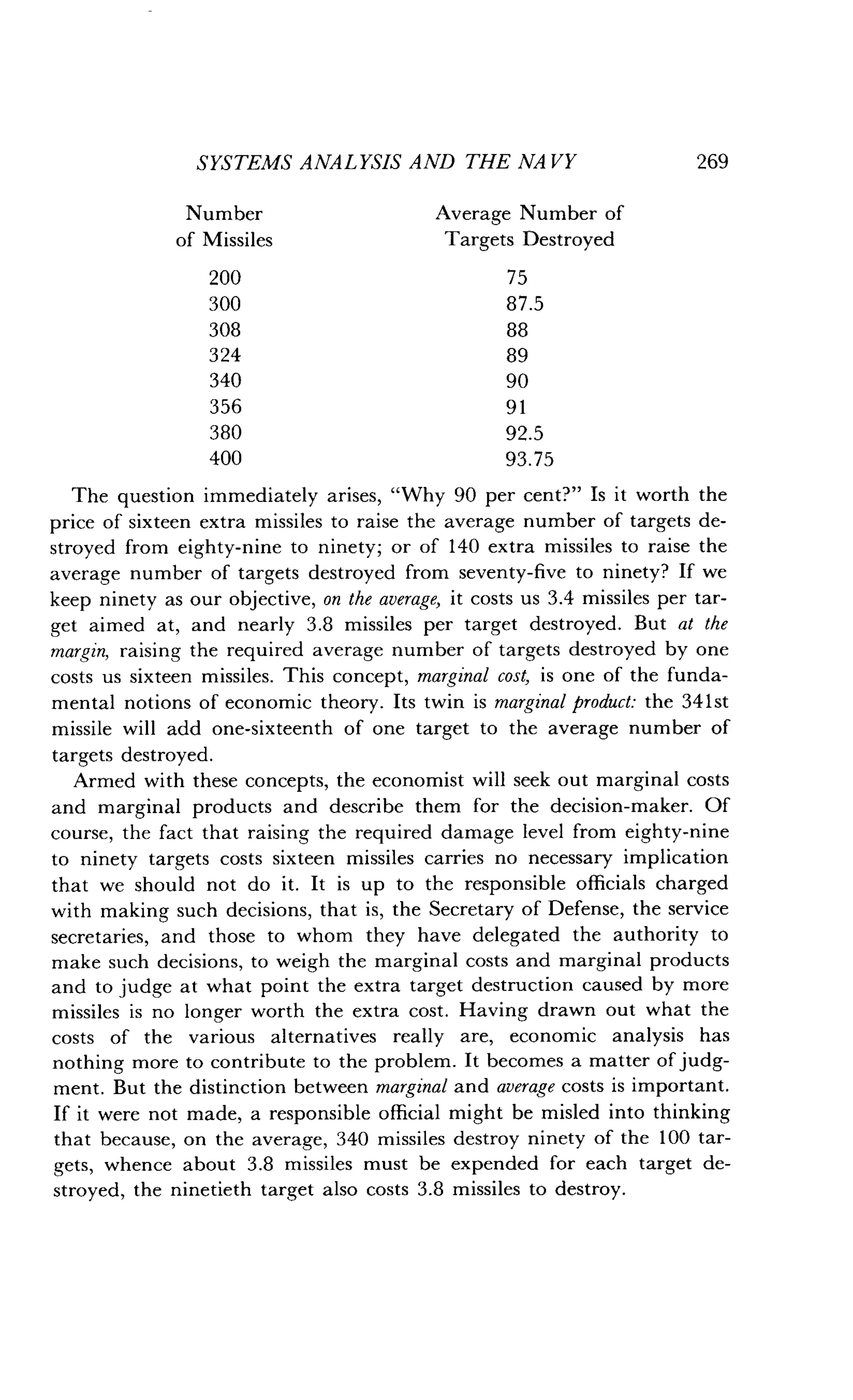 SYSTEMS ANALYSIS AND THE NAVY
	
269
The question immediately arises, "Why 90 per cent?" Is it worth the
price of sixteen extra missiles to raise the average number of targets de-
stroyed from eighty-nine to ninety; or of 140 extra missiles to raise the
average number of targets destroyed from seventy-five to ninety? If we
keep ninety as our objective, on the average, it costs us 3 .4 missiles per tar-
get aimed at, and nearly 3 .8 missiles per target destroyed . But at the
margin, raising the required average number of targets destroyed by one
costs us sixteen missiles . This concept, marginal cost, is one of the funda-
mental notions of economic theory . Its twin is marginal product: the 341st
missile will add one-sixteenth of one target to the average number of
targets destroyed .
Armed with these concepts, the economist will seek out marginal costs
and marginal products and describe them for the decision-maker. Of
course, the fact that raising the required damage level from eighty-nine
to ninety targets costs sixteen missiles carries no necessary implication
that we should not do it . It is up to the responsible officials charged
with making such decisions, that is, the Secretary of Defense, the service
secretaries, and those to whom they have delegated the authority to
make such decisions, to weigh the marginal costs and marginal products
and to judge at what point the extra target destruction caused by more
missiles is no longer worth the extra cost . Having drawn out what the
costs of the various alternatives really are, economic analysis has
nothing more to contribute to the problem. It becomes a matter of judg-
ment . But the distinction between marginal and average costs is important.
If it were not made, a responsible official might be misled into thinking
that because, on the average, 340 missiles destroy ninety of the 100 tar-
gets, whence about 3 .8 missiles must be expended for each target de-
stroyed, the ninetieth target also costs 3 .8 missiles to destroy .
Number
of Missiles
Average Number of
Targets Destroyed
200 75
300 87.5
308 88
324 89
340 90
356 91
380 92.5
400 93.75
 
