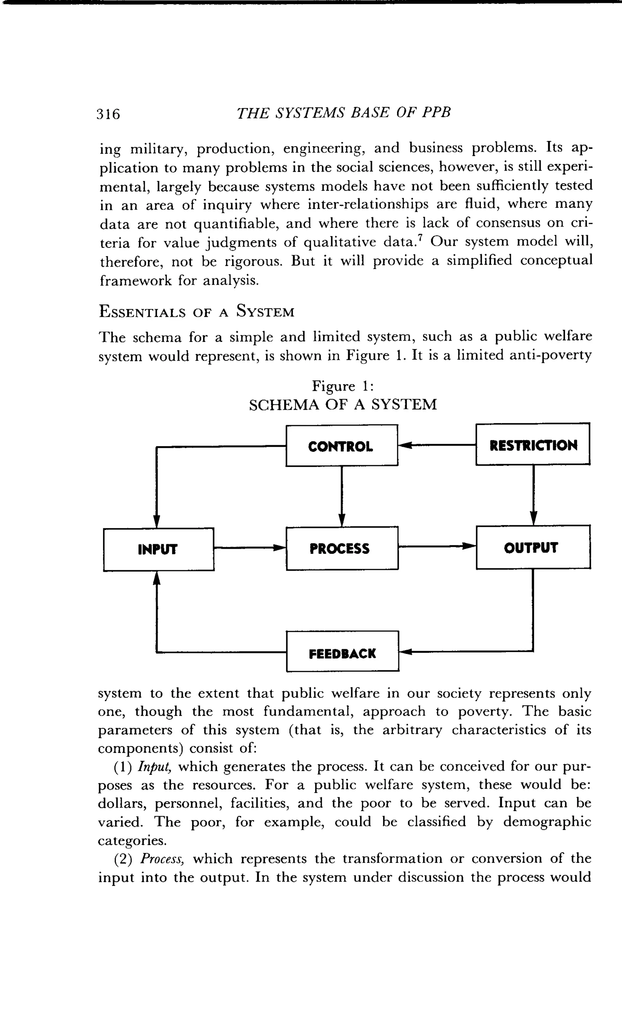 316 THE SYSTEMS BASE OF PPB
ing military, production, engineering, and business problems . Its ap-
plication to many problems in the social sciences, however, is still experi-
mental, largely because systems models have not been sufficiently tested
in an area of inquiry where inter-relationships are fluid, where many
data are not quantifiable, and where there is lack of consensus on cri-
teria for value judgments of qualitative data .? Our system model will,
therefore, not be rigorous. But it will provide a simplified conceptual
framework for analysis .
ESSENTIALS OF A SYSTEM
The schema for a simple and limited system, such as a public welfare
system would represent, is shown in Figure 1 . It is a limited anti-poverty
Figure 1 :
SCHEMA OF A SYSTEM
INPUT
CONTROL
PROCESS
FEEDBACK
RESTRICTION
OUTPUT
system to the extent that public welfare in our society represents only
one, though the most fundamental, approach to poverty. The basic
parameters of this system (that is, the arbitrary characteristics of its
components) consist of:
(1) Input, which generates the process . It can be conceived for our pur-
poses as the resources. For a public welfare system, these would be:
dollars, personnel, facilities, and the poor to be served . Input can be
varied. The poor, for example, could be classified by demographic
categories.
(2) Process, which represents the transformation or conversion of the
input into the output . In the system under discussion the process would
 