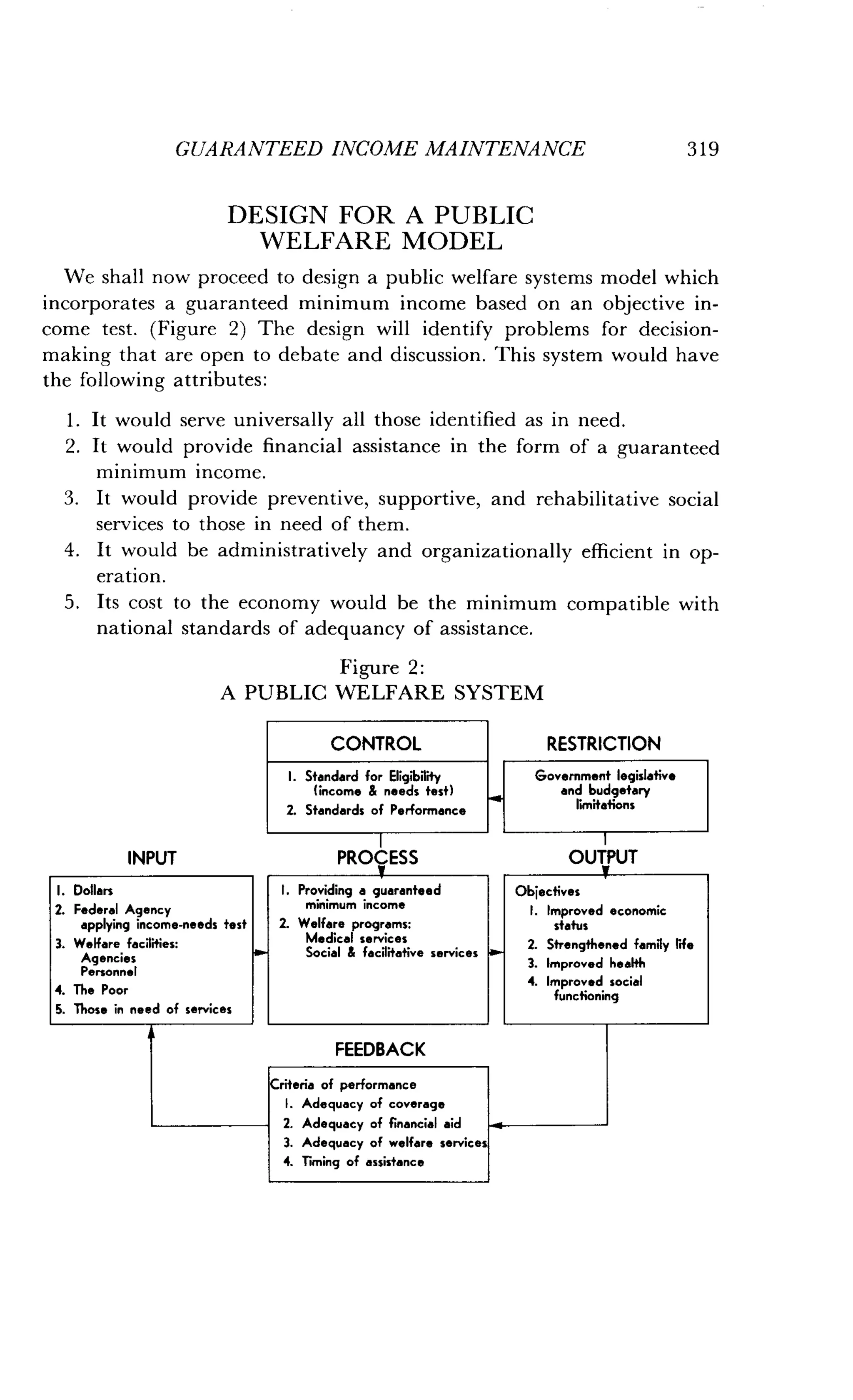 GUARANTEED INCOME MAINTENANCE
	
319
DESIGN FOR A PUBLIC
WELFARE MODEL
We shall now proceed to design a public welfare systems model which
incorporates a guaranteed minimum income based on an objective in-
come test. (Figure 2) The design will identify problems for decision-
making that are open to debate and discussion. This system would have
the following attributes :
1 . It would serve universally all those identified as in need .
2. It would provide financial assistance in the form of a guaranteed
minimum income.
3 . It would provide preventive, supportive, and rehabilitative social
services to those in need of them.
4. It would be administratively and organizationally efficient in op-
eration.
5. Its cost to the economy would be the minimum compatible with
national standards of adequancy of assistance .
Figure 2 :
A PUBLIC WELFARE SYSTEM
CONTROL
FEEDBACK
Criteria of performance
I . Adequacy of coverage
2. Adequacy of financial aid
3. Adequacy of welfare services
4. Timing of assistance
RESTRICTION
I . Standard for Eligibility
(income & needs tes+)
2 . Standards of Performance
Government legislative
and budgetary
f
limitations
INPUT
I
	
I
PROCESS
	
OUTPUT
I . Dollars
2. Federal Agency
applying income-needs test
3. Welfare facilities :
Agencies
Personnel
I . Providing a guaranteed
minimum income
2. Welfare programs :
Medical services
Social & facilitative services
Objectives
I . Improved
status
a
2. Strengthened
3. Improved
economic
family rife
health
social
4. The Poor
5 . Those in need of services
4. Improved
functioning
 